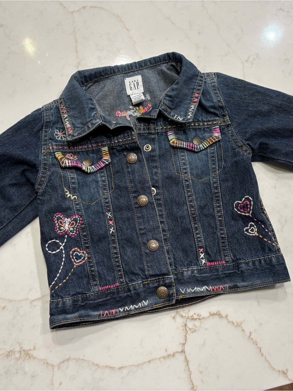GAP Dark Blue Denim Jacket with Multicolor Embroidery, 18-24 months. EUC